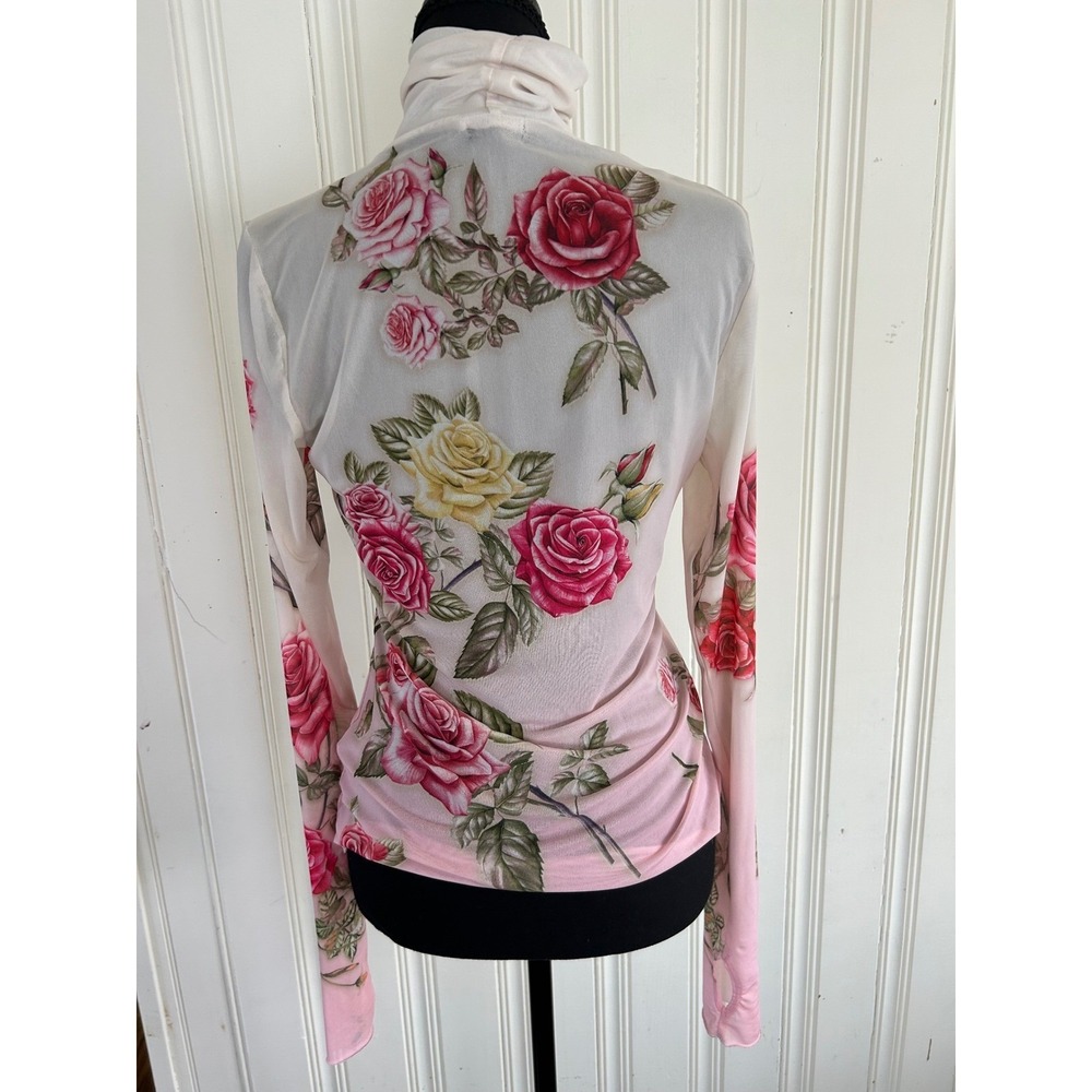 AFRM Zadie Mesh Sheer Turtleneck Top Pink Floral Rose Long Sleeve Romantic Fairy - Picture 3 of 9